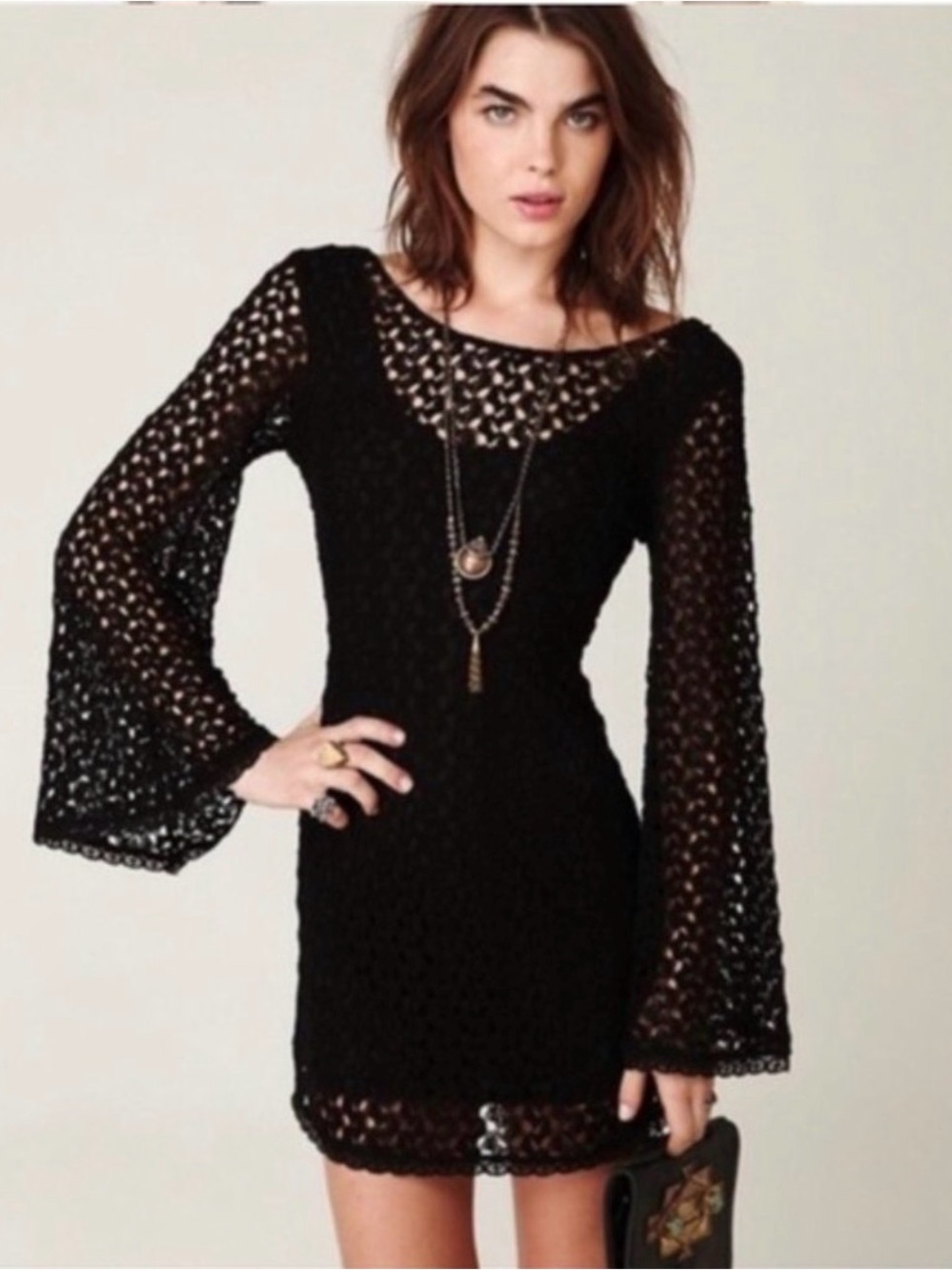 NWOT Free people Black Crochet Bell Sleeve Mini Dress - Women